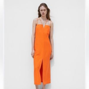 Massimo Dutti Orange Strapy Linen Midi Dress